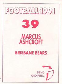 1991 Select AFL Stickers #39 Marcus Ashcroft Back